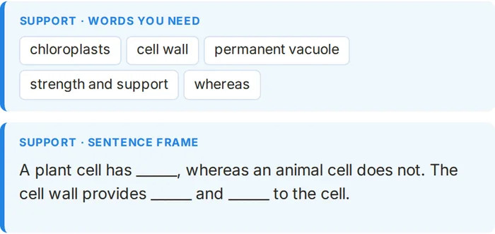 Close up of what pitching down adds: a word bank of chloroplasts, cell wall, permanent vacuole, strength and support, and whereas, and a sentence frame with gaps to fill.