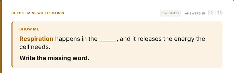 A check for understanding from the lesson: a Show Me whiteboard question with a missing word to write.
