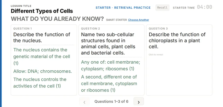 A starter slide with three retrieval questions, the first two with their model answers revealed.