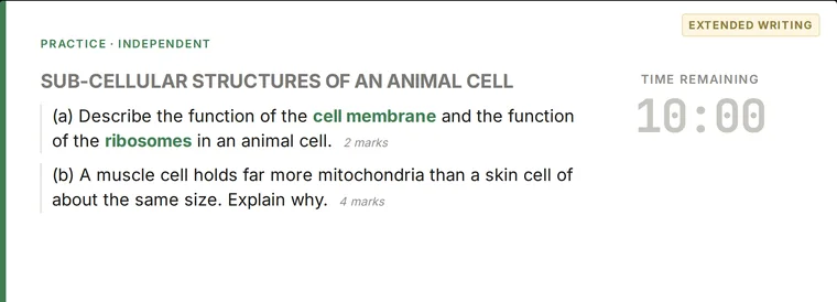 A practice slide switched to its extended-writing task: two questions worth two and four marks, a ten-minute timer and an Extended Writing label.